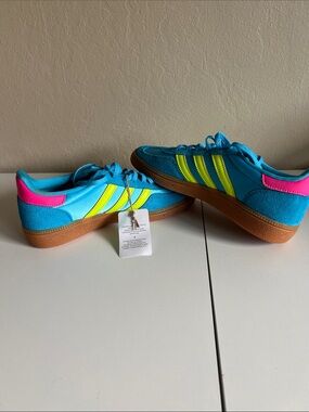 adidas Bright Turquoise Sneakers with Neon Yellow Stripes and Pink Accents